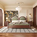 Stylish Bedroom Interior With Green Headboard Wooden Bed Gold Patterned Wallpaper And Geometric Rug