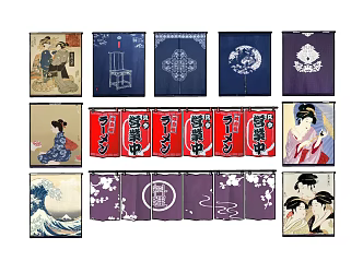 Japanese-style Kitchen Curtain Japanese Material Door Curtain Hanging Cloth 3d model