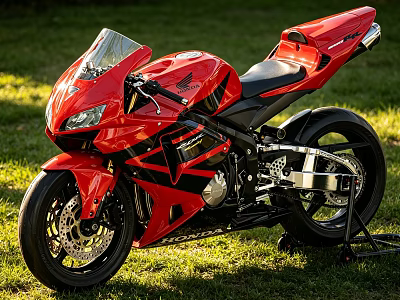 Sleek Red Sport Motorcycle Parked On Green Grass In Sunlit Outdoor Scene 3d model