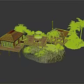 Tropical Island Scene With Wooden House Palm Trees Deck And Round Table