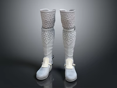 Woman's White Knee High Boots With Diamond Pattern And Straps Design 3d model