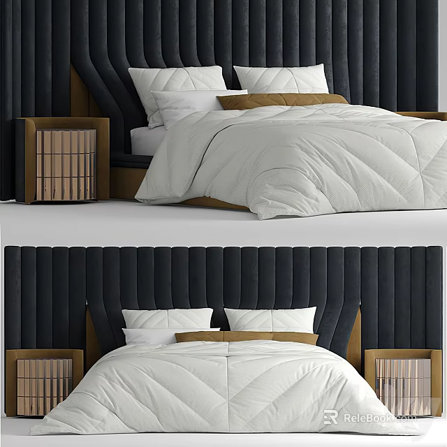 Luxury Double Bed With Vertical Tufted Velvet Headboard And Wooden Nightstands 3d model 