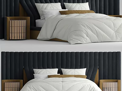 Luxury Double Bed With Vertical Tufted Velvet Headboard And Wooden Nightstands 3d model