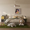 Cozy Kids Room Interior With Bed Stuffed Toys Bookshelf Ceiling Fan Light And Green Rug