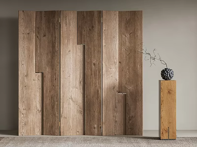 Wooden Partition With Irregular Panel Design In Modern Interior Decorative Pillar Black Ornament And Branches 3d model