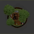 Whimsical Treehouse On Large Tree With Wooden Stairs Pond Mushrooms And Little Figures
