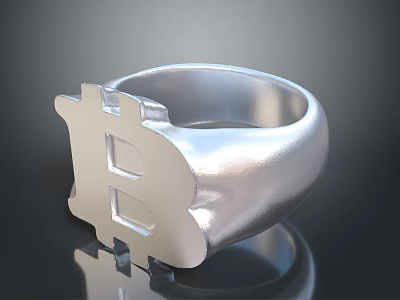 Silver Bitcoin Symbol Ring With Polished Metal Finish And Modern Fashion Design 3d model