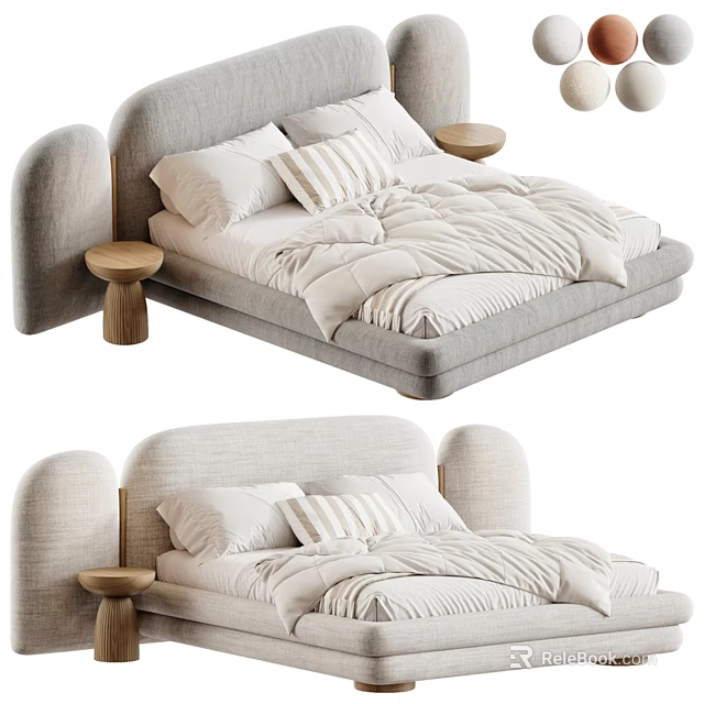 Modern Upholstered Double Bed With Curved Headboard White Bedding Wooden Side Tables And Hanging Lights 3d model 