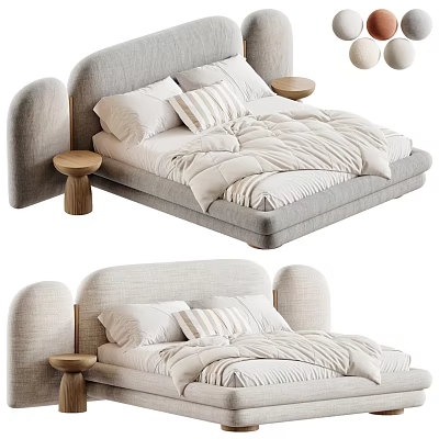 Modern Upholstered Double Bed With Curved Headboard White Bedding Wooden Side Tables And Hanging Lights 3d model