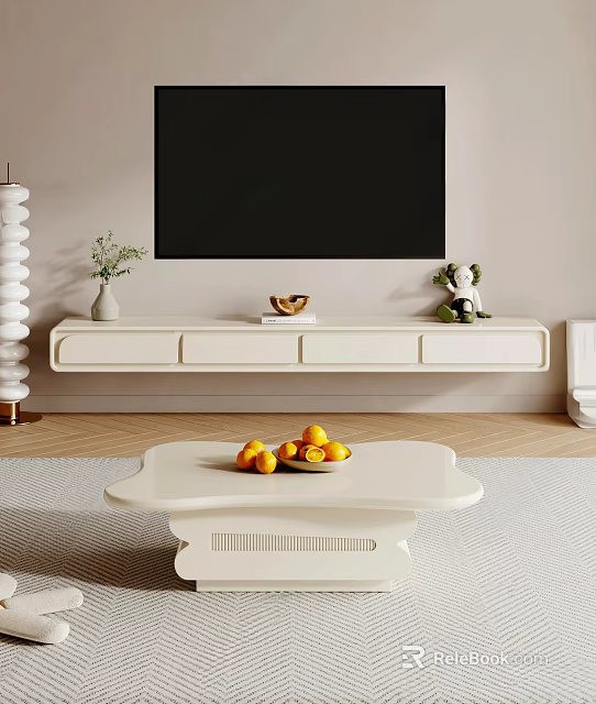 White Wall Mounted TV Stand with Drawers and Decorative Items in Modern Living Room 3d model 