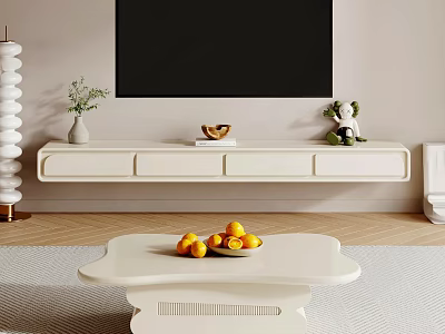 White Wall Mounted TV Stand with Drawers and Decorative Items in Modern Living Room 3d model