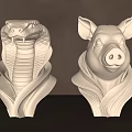 White Snake Head and Pig Head Sculptures With Decorative Base Carving Details