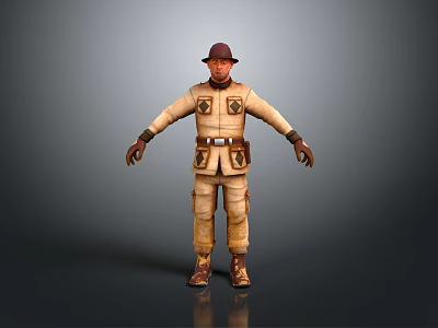 3D Human Character In Beige Explorer Costume With Brown Hat And Natural Hanging Hands 3d model