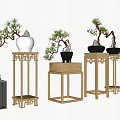 Bonsai Plants Display On Wooden Stands With Ceramic Pots In Interior