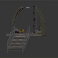 Scenic Construction Component Featuring Arch Staircase Support Platform And Metal Railings