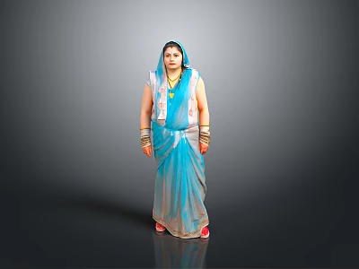 Woman Wearing Blue Sari with Gold Necklace and Bracelets on Shiny Floor 3d model