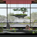Indoor Garden Ornament With Hanging Floating Island Pine Tree Stones Moss And Zen Sand Patterns