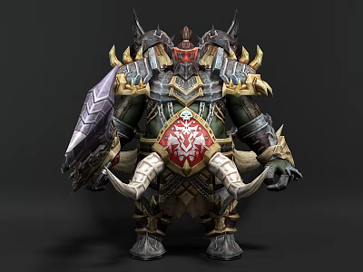 Detailed Fantasy Orc Warrior Game Character with Heavy Armor Shield Red White Emblem and Horns 3d model