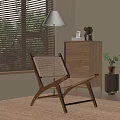 Wooden Rattan Lounge Chair In Bright Interior With Window Blinds And Green Plant