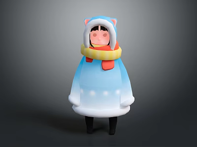 Cute Cartoon Character Wearing Blue Coat With Cat Ear Hat And Yellow Red Scarf 3d model
