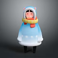 Cute Cartoon Character Wearing Blue Coat With Cat Ear Hat And Yellow Red Scarf