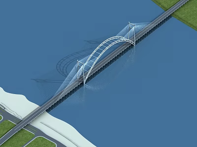 Garden Landscape With Modern White Arch Bridge Spanning River And Greenery 3d model