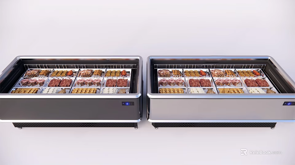 Side By Side Commercial Display Freezers With Transparent Doors And Various Foods Inside 3d model 