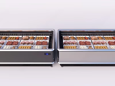 Side By Side Commercial Display Freezers With Transparent Doors And Various Foods Inside 3d model