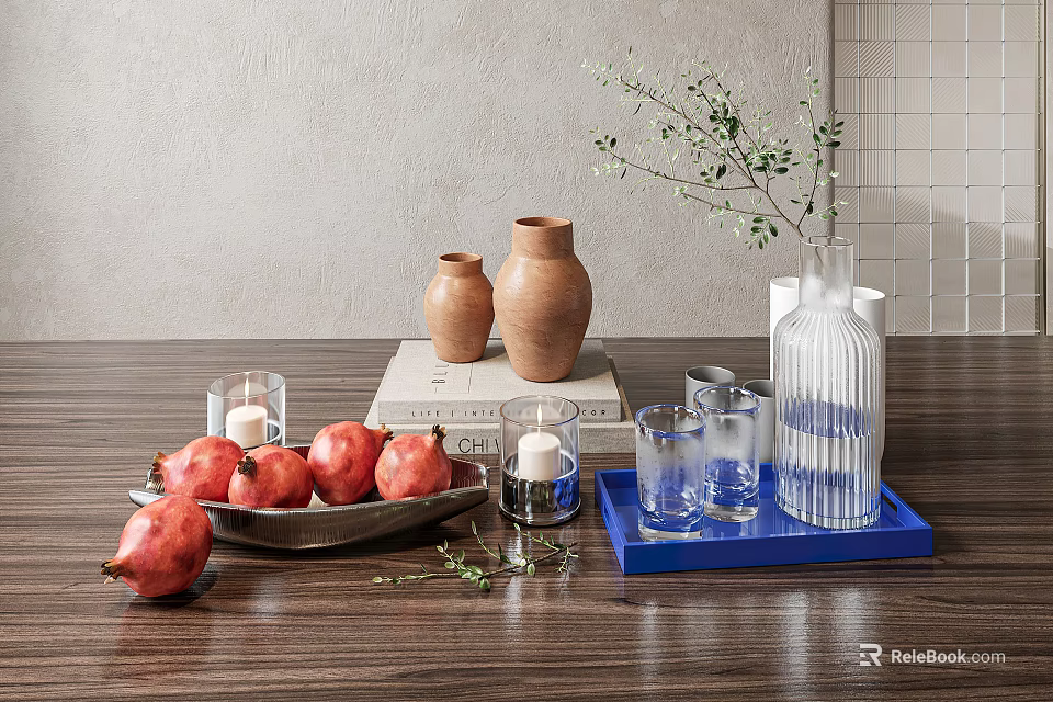 Stylish Decorative Ornament Set with Ceramic Vases Pomegranates Candles and Glass Cups on Wooden Table 3d model 