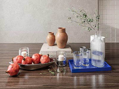 Stylish Decorative Ornament Set with Ceramic Vases Pomegranates Candles and Glass Cups on Wooden Table 3d model