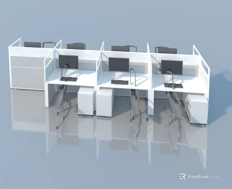 Hinged Doors In Modern Office Cubicles With White Workstations And Computers 3d model