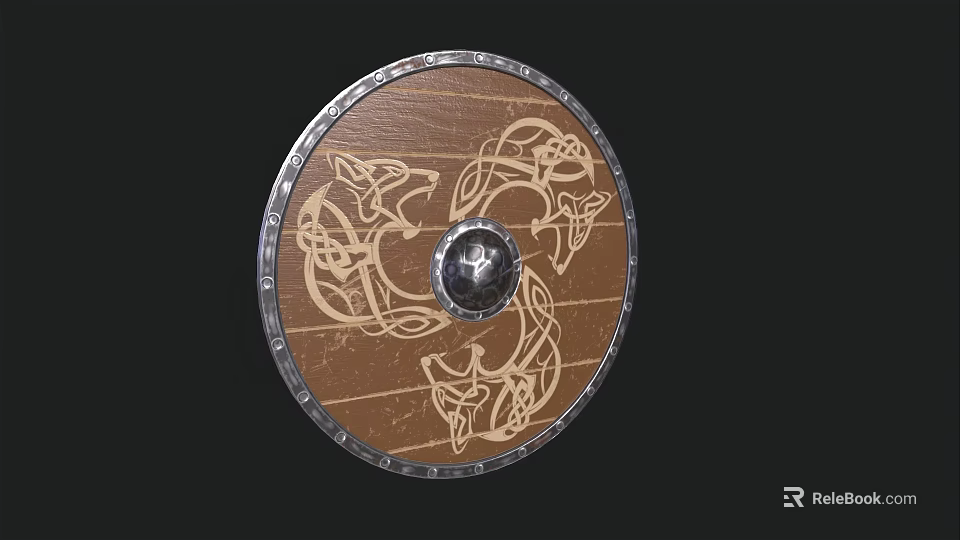 Round Brown Wooden Shield With Silver Metal Rim Celtic Patterns And Central Metal Decoration 3d model 