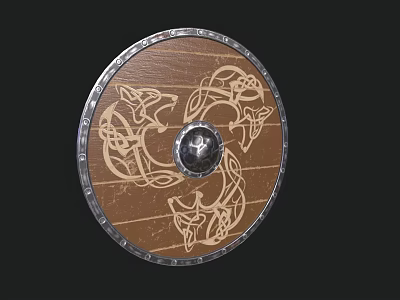 Round Brown Wooden Shield With Silver Metal Rim Celtic Patterns And Central Metal Decoration 3d model