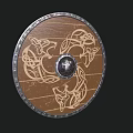 Round Brown Wooden Shield With Silver Metal Rim Celtic Patterns And Central Metal Decoration