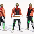 Game Movie Character With Orange Jacket Black Pants And Red Scarf Multiple Angles View