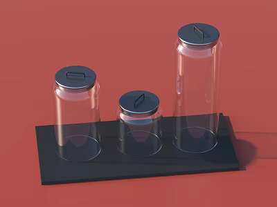 Set of Three Transparent Ceramic Vessels with Lids on Black Tray Red Background 3d model