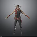 3D Character Model With Gray Sleeveless Top Red Green Striped Scarf Glasses And Spiked Shoulders