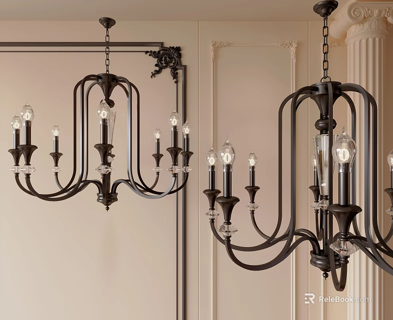 Vintage Black Metal Chandelier With Multiple Light Arms And Glass Bulbs For Interior Decor 3d model 