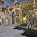 Luxurious Villa Courtyard Garden With Fountain Pool Paved Paths And Lush Greenery