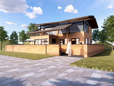 Modern House Exterior Design With Brick Wall Large Windows Lawn And Trees 3d model