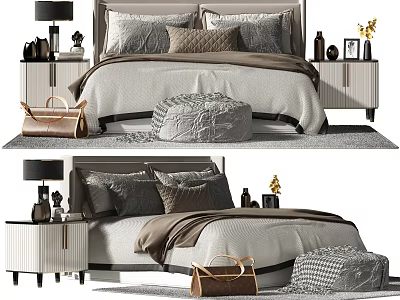 Stylish Double Bed Setup With Neutral Tones Pillows Bedside Tables And Decorative Lamps 3d model