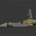 Stone Building Structure With Steps Archway Water Pool Stone Pavement And Greenery