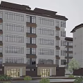 Modern Mid Rise Residential Building with Large Windows Brown Roof Lawn Shrubs and Parked Cars