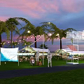 Garden Landscape With Sunset Palm Trees Tents String Lights And Bunting Flags On Grass Lawn