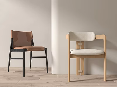 Modern Minimalist Dining Chairs With Black Frame Brown Seat And Light Wooden Beige Design 3d model