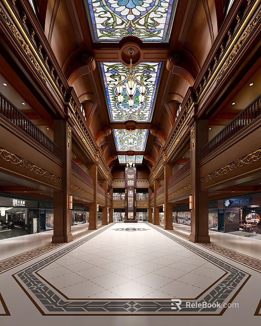 Ornate Grand Hall Interior With Wooden Architecture Stained Glass Skylight Multi Level Corridors And Shops 3d model 
