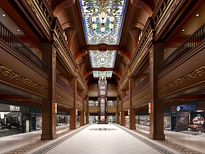 Ornate Grand Hall Interior With Wooden Architecture Stained Glass Skylight Multi Level Corridors And Shops 3d model