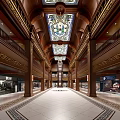Ornate Grand Hall Interior With Wooden Architecture Stained Glass Skylight Multi Level Corridors And Shops