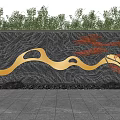Black Stone Feature Wall With Golden Wavy Patterns Red Maple Tree And Perforated Panel