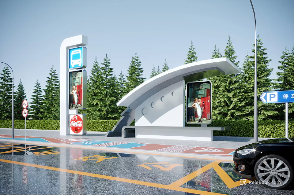 Modern Bus Station With Covered Shelter Signage Green Pine Trees And Road Markings 3d model 